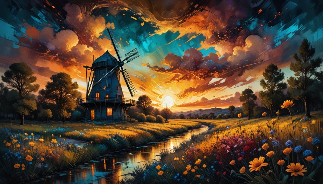 Vibrant Windmill Landscape in Golden Ratio Composition