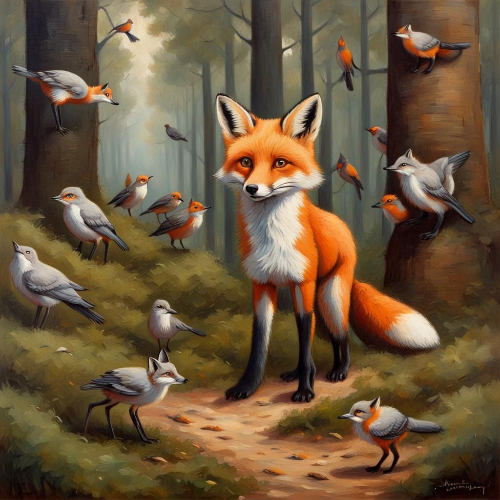 Cute Fox with Birds, Oil Painting Style