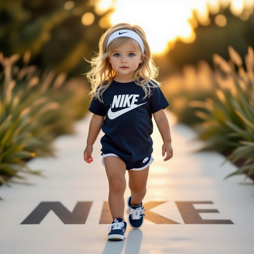 Hyperrealistic Girl Models Nike Outfit in Golden Hour Light