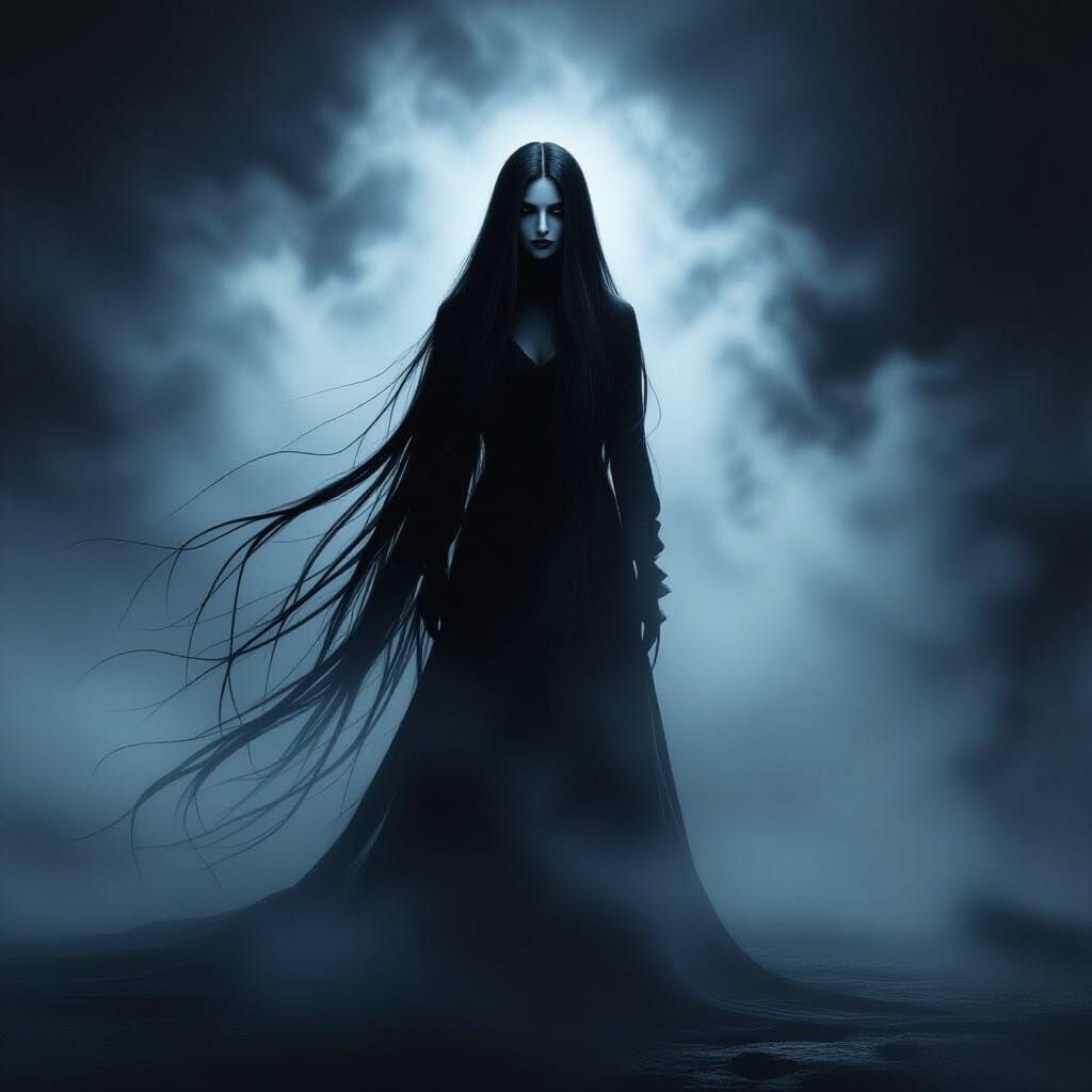 Ghost Woman with Long Black Hair in Dark Atmosphere