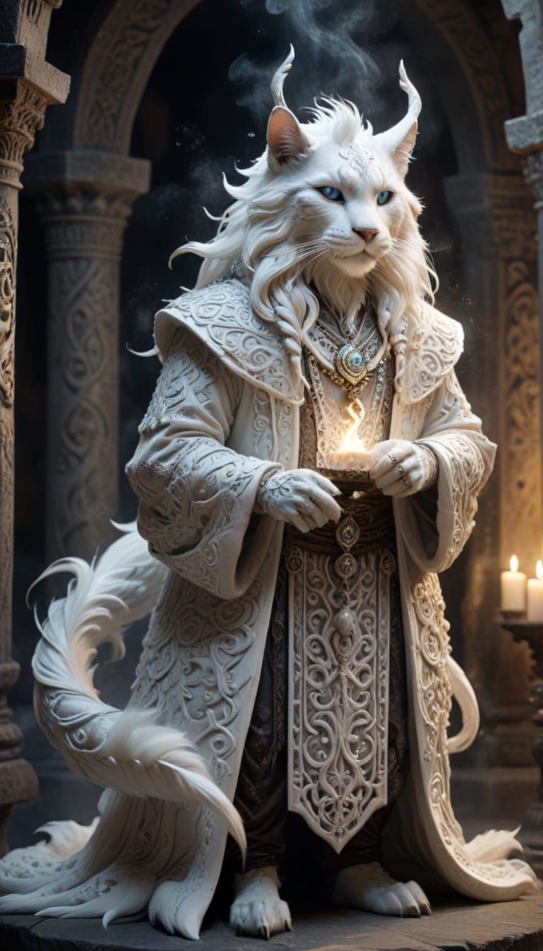 Tabaxi Warlock with Intricate White Fur in Dark Fantasy