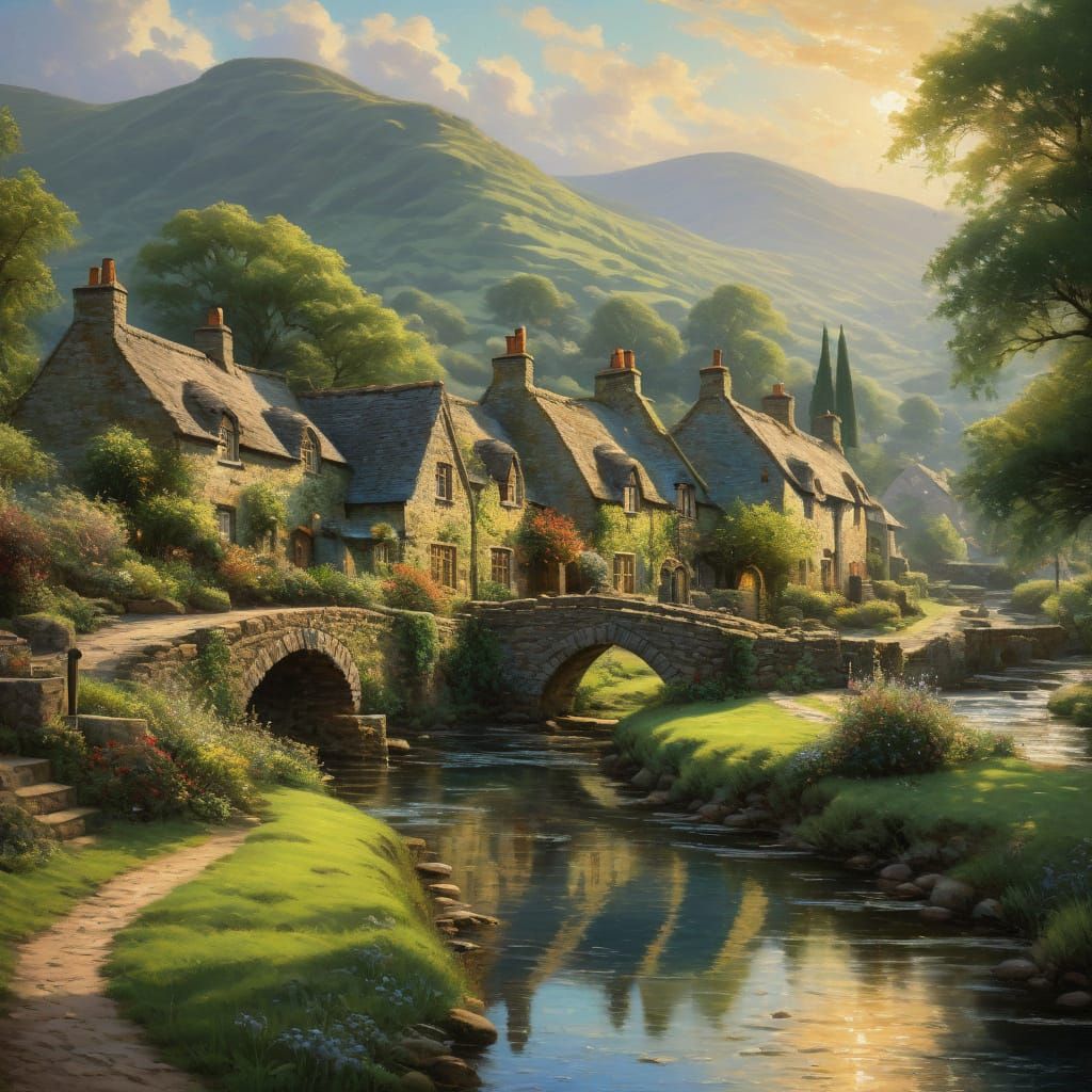 Impressionistic English Village Oil Painting with Golden Hou...