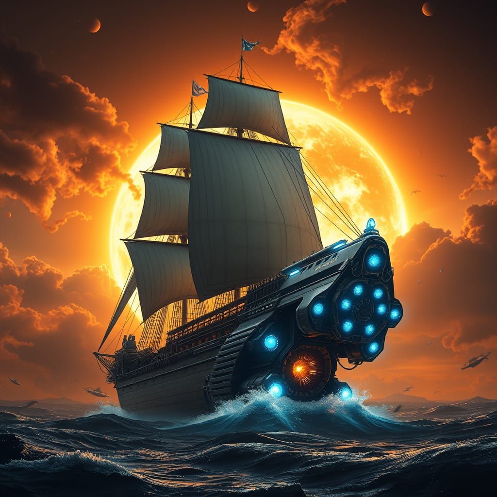 Epic Cyberpunk Hybrid Vessel in Turbulent Solar Storm