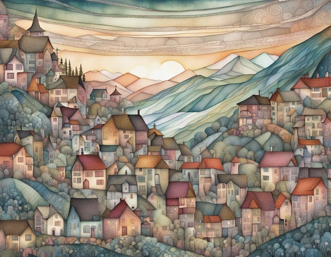Whimsical Mountain Village at Sunrise in Ink