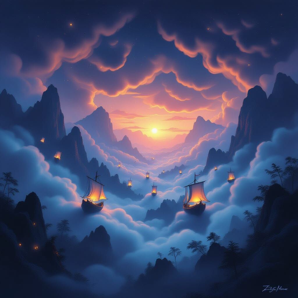 Ethereal Ships in Surreal Twilight Fog