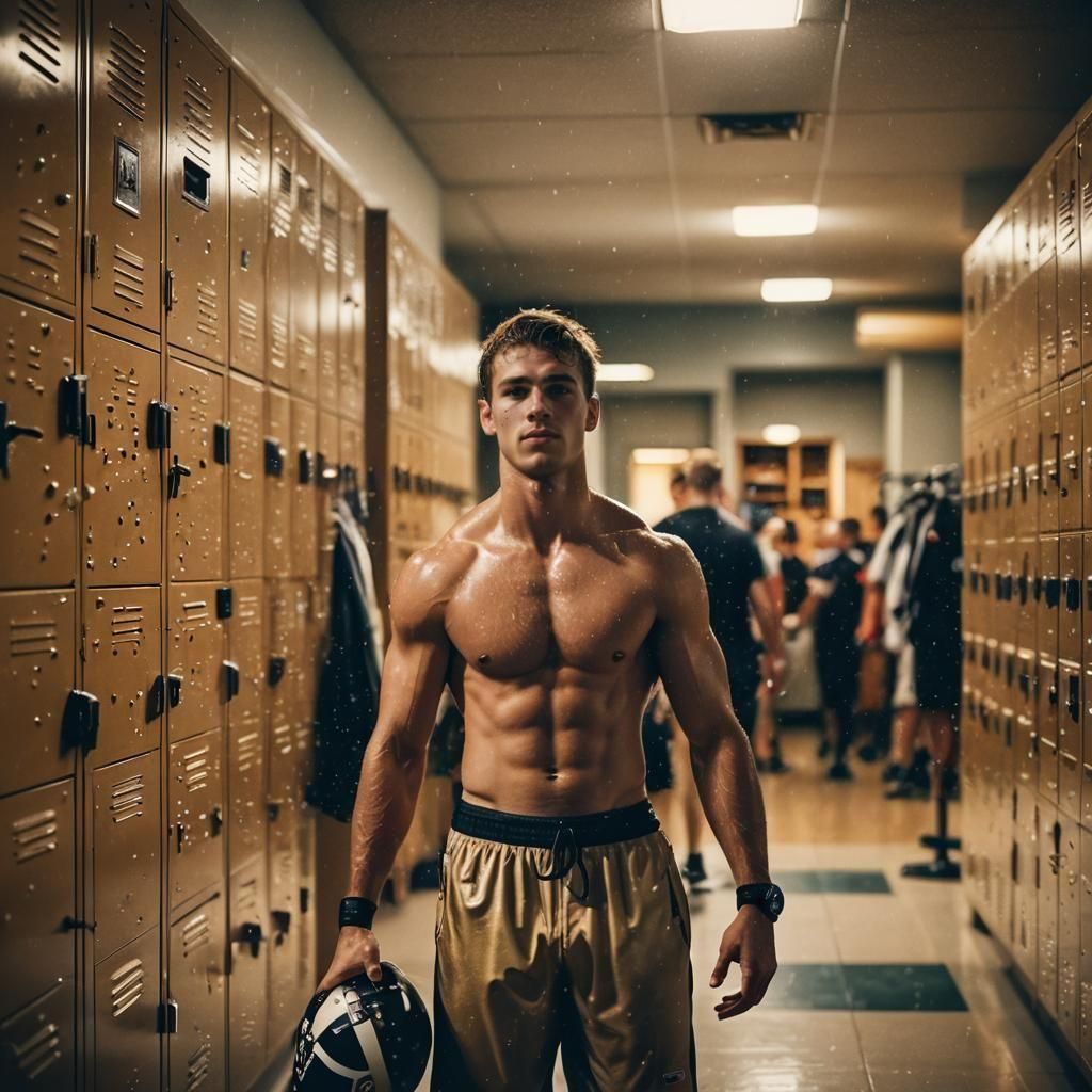 American Football Athlete in Locker Room: Post-Game