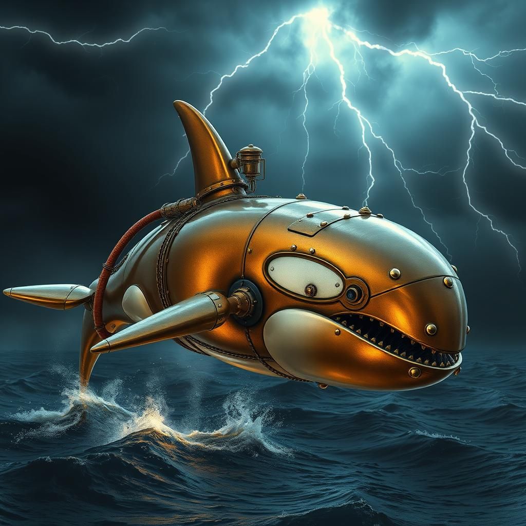 Robotic Orca, armored, hovering above the ocean