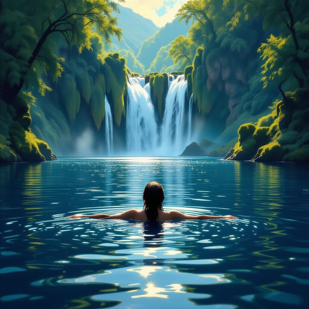 Italian Lake Serenity: Waterfall and Swimmer