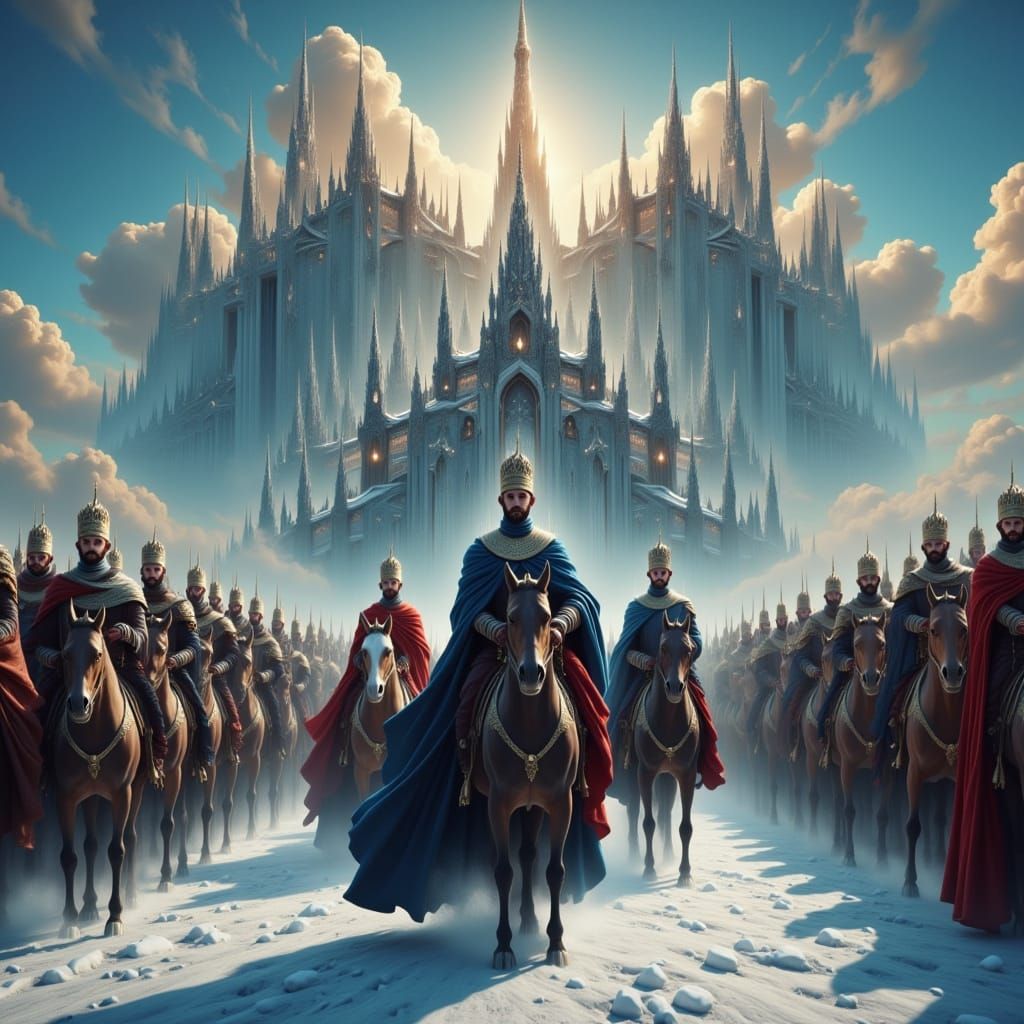 <lora:COSMIC FLUX:1.0> Winter Kingdom with all the Kings men...