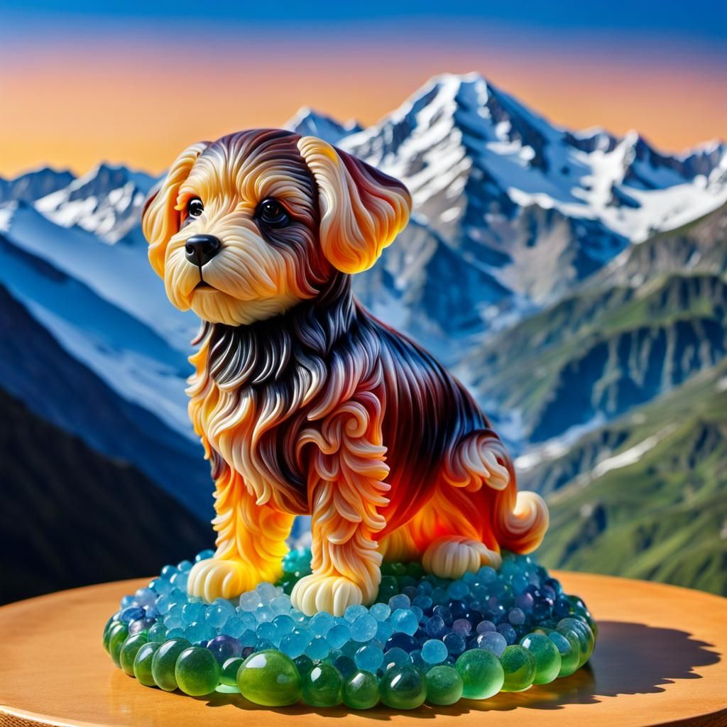Detailed Jelly Sculpture of Dog and Mountains