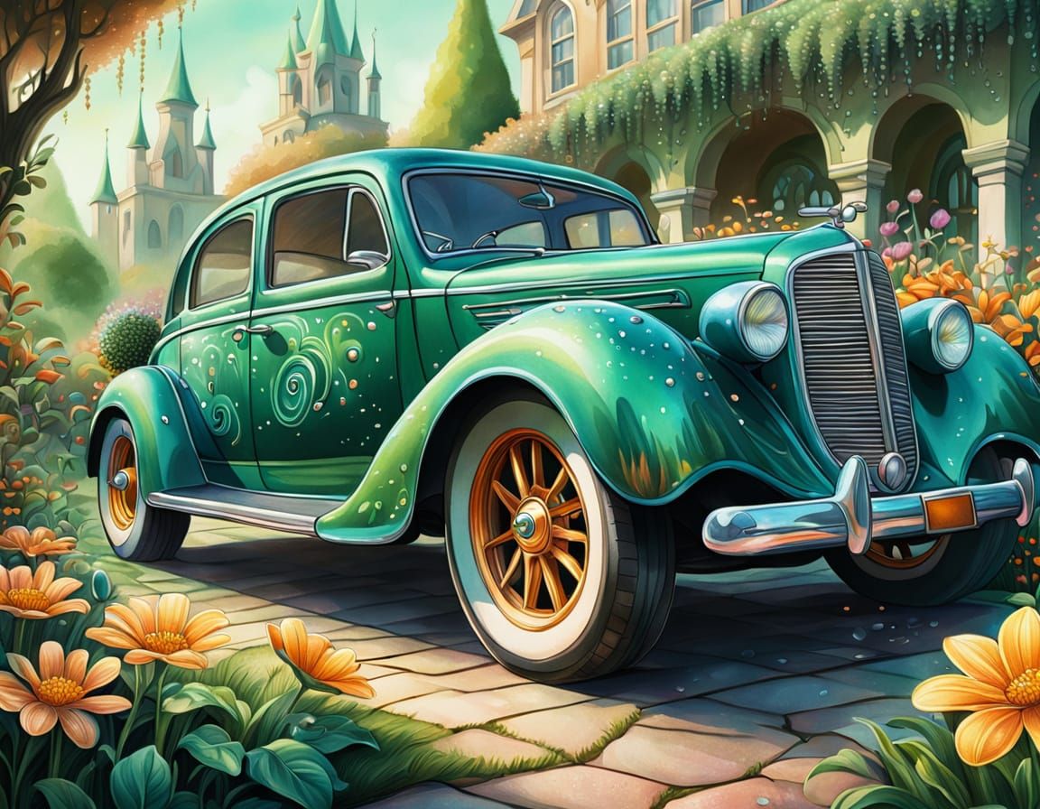 Cartoon Car in Whimsical Garden: Colored Pencil Drawing