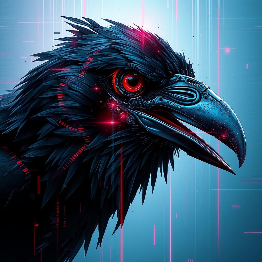 Distorted Crow Portrait in Futuristic Digital Art Style