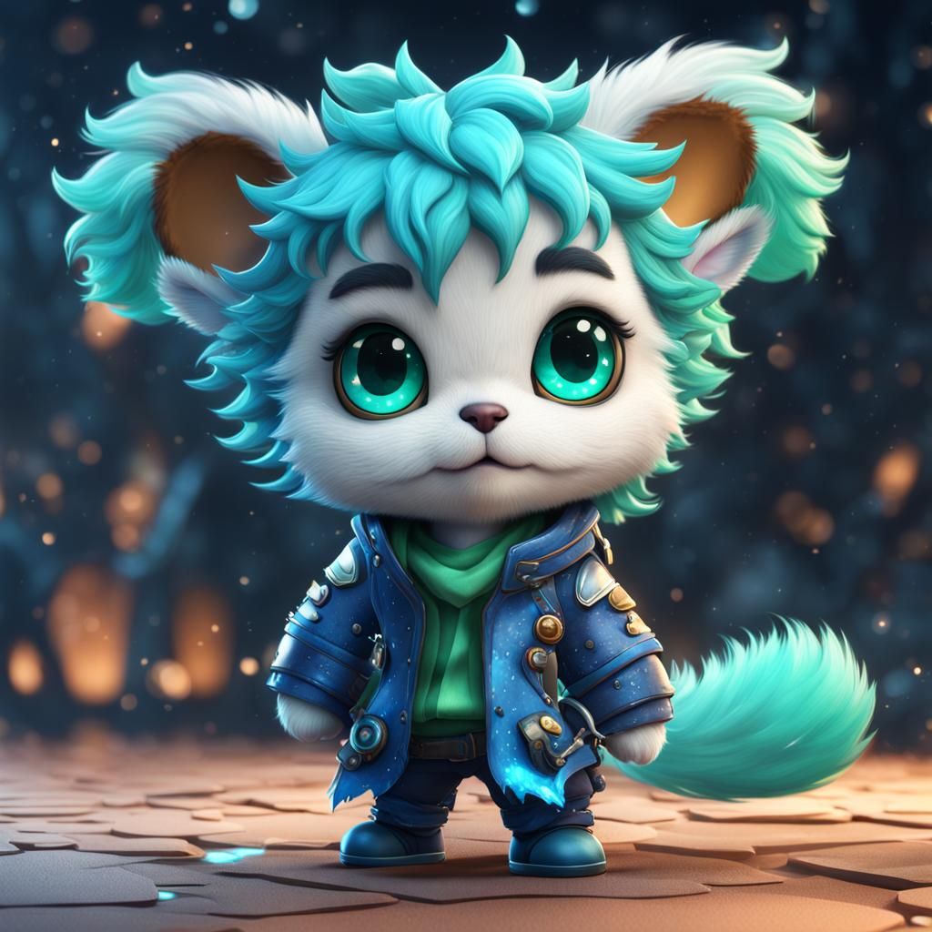 Hyperrealistic Chibi Furry with Blue and Mint Hair
