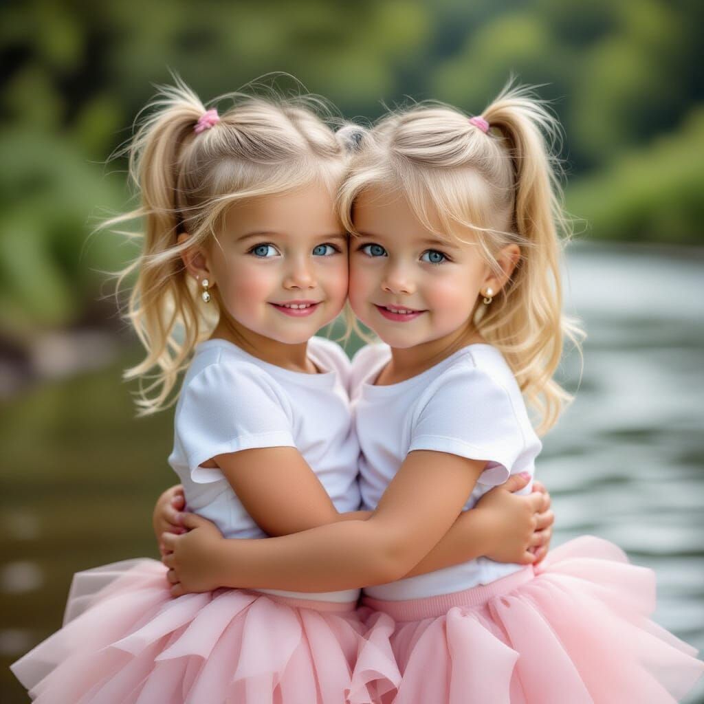 Adorable 3-Year-Old Twins Hugging by River in Pink Tulle