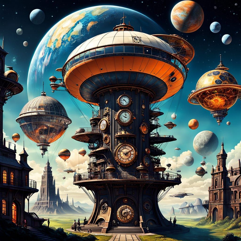 Steampunk Clockwork Tower with Zeppelin and Planets