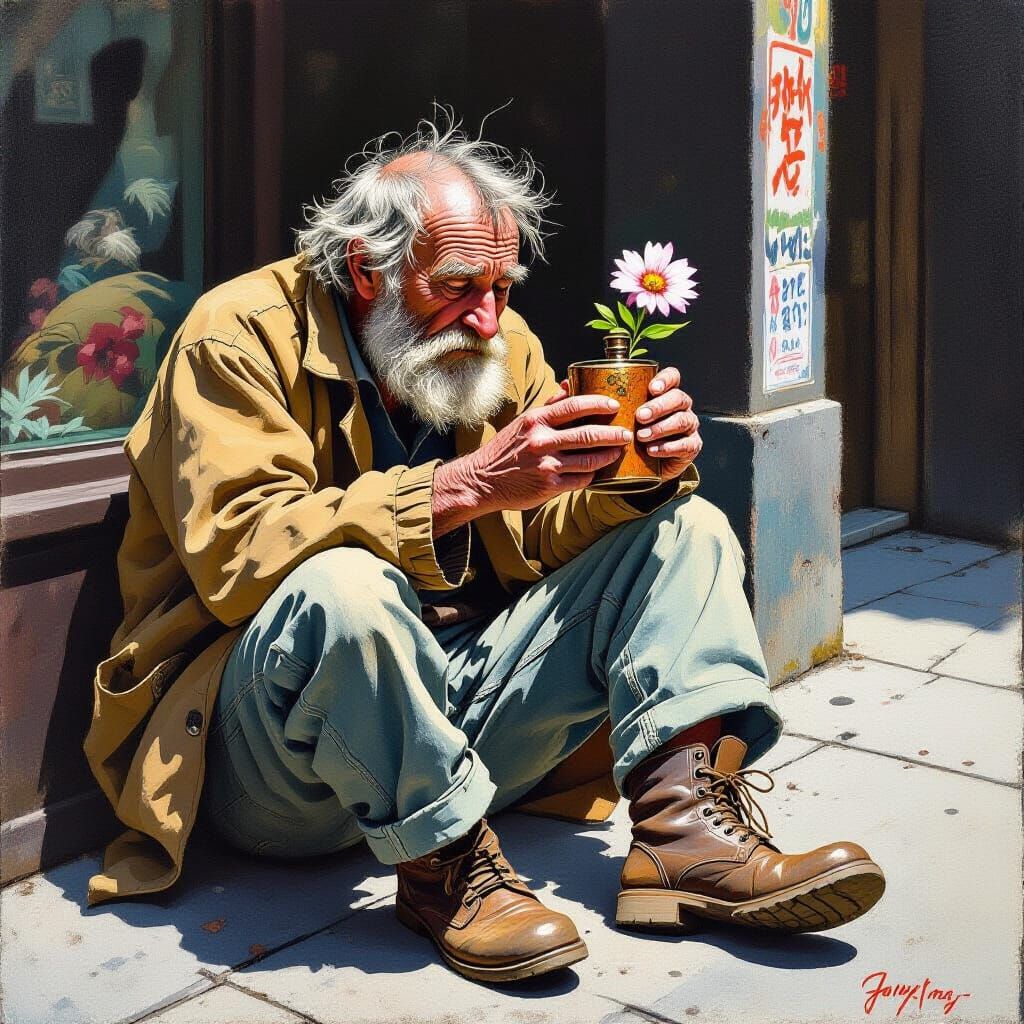 Homeless Man Finds Flower in Flask, Animated Style