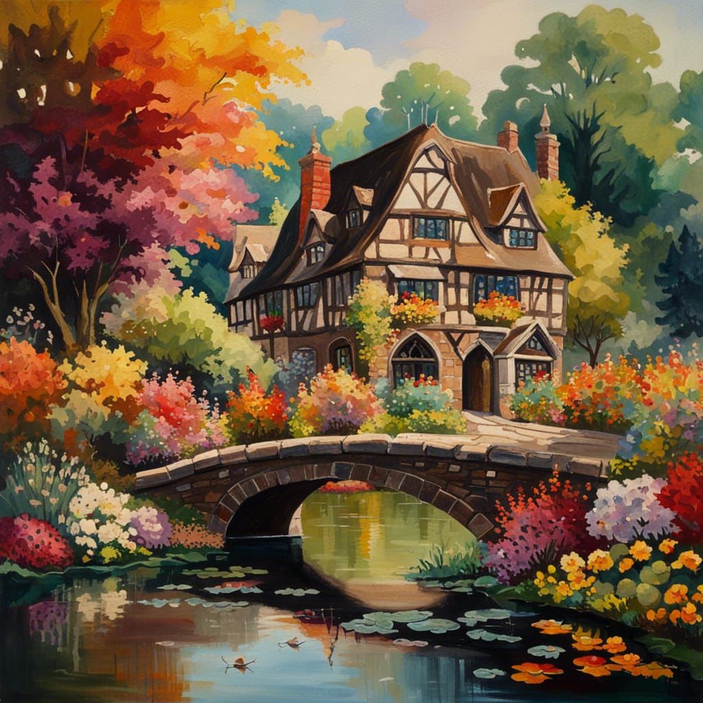 Gothic Cottagecore Village by River in Impressionist Style