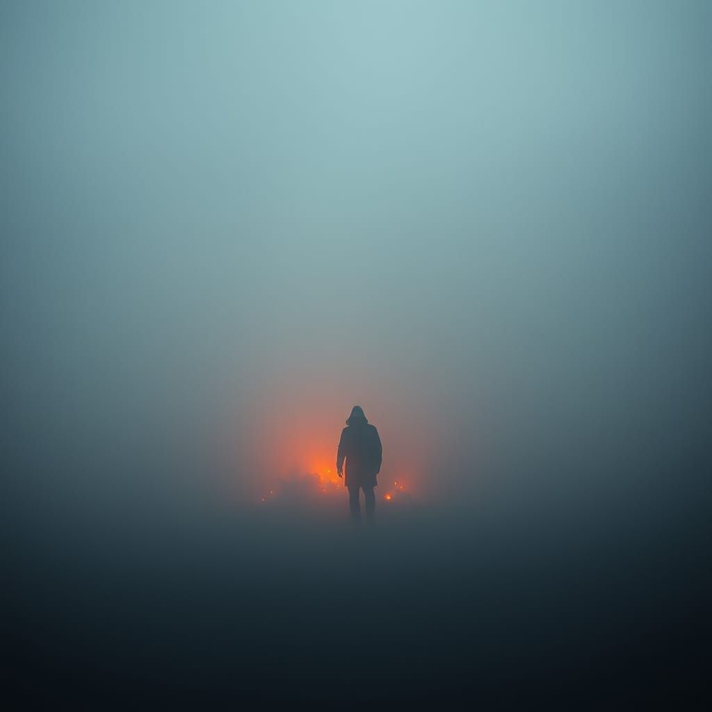 Figure in Ash Rain: Dystopian Sci-Fi Art