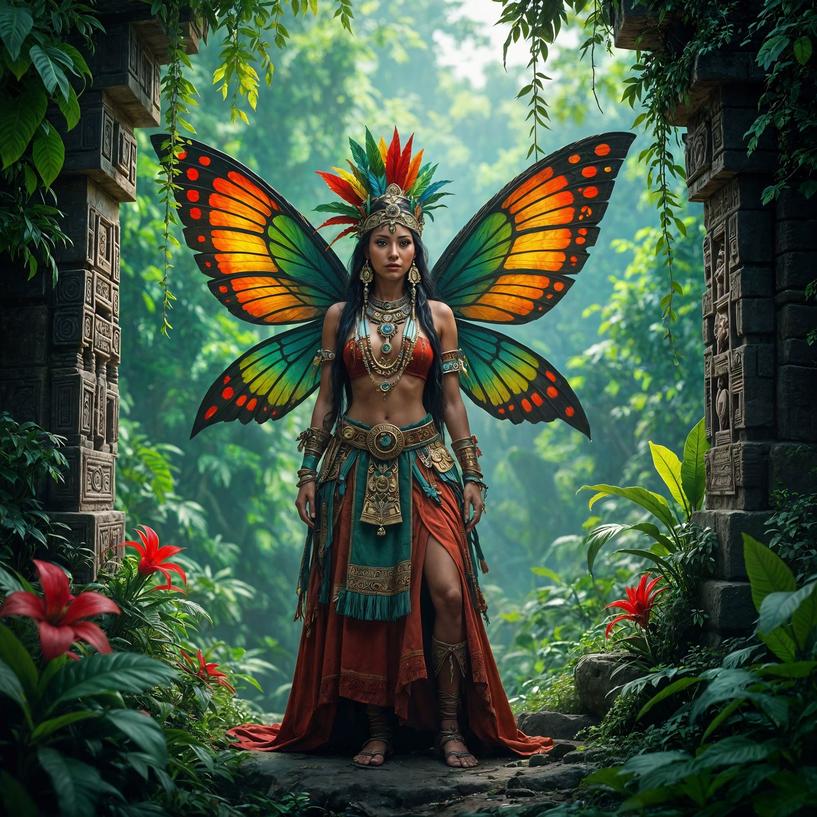 Mayan Fairy Guarding Rainforest Temple, Digital Art