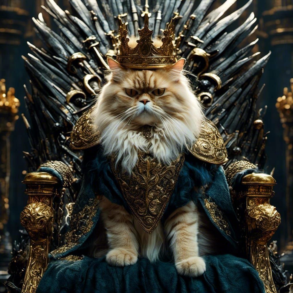 Persian Cat King on Iron Throne, Impasto Painting