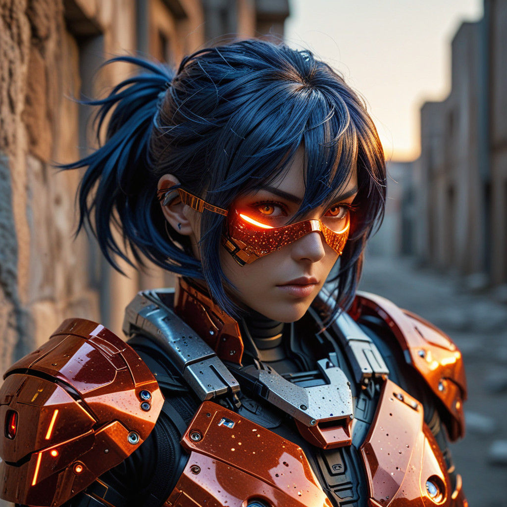 Elegant Futurist Warrior Motoko Kusanagi in Metallic Blue Ha...