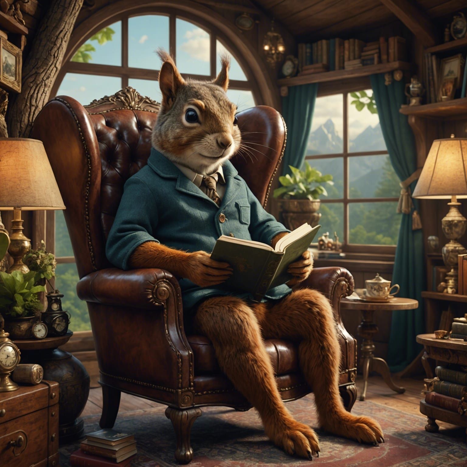 Anthropomorphic Squirrel in Surreal Treehouse Interior