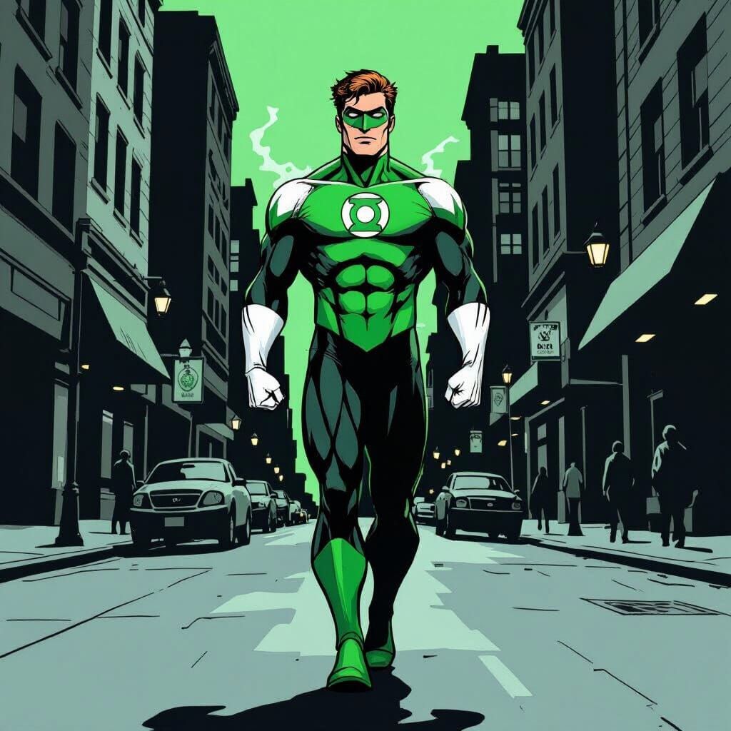 Green Lantern Walks Street in Minimalist Green and White Art