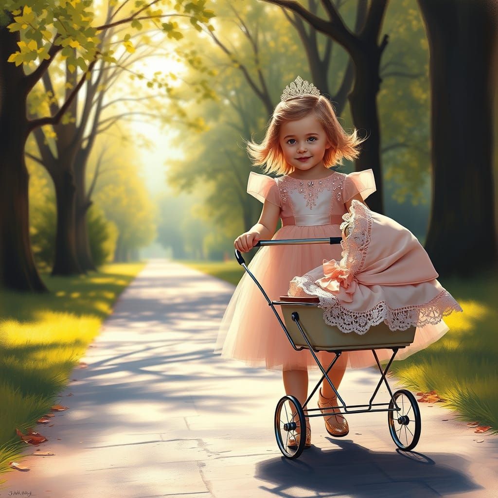 Girl in Pink Dress with Doll Stroller
