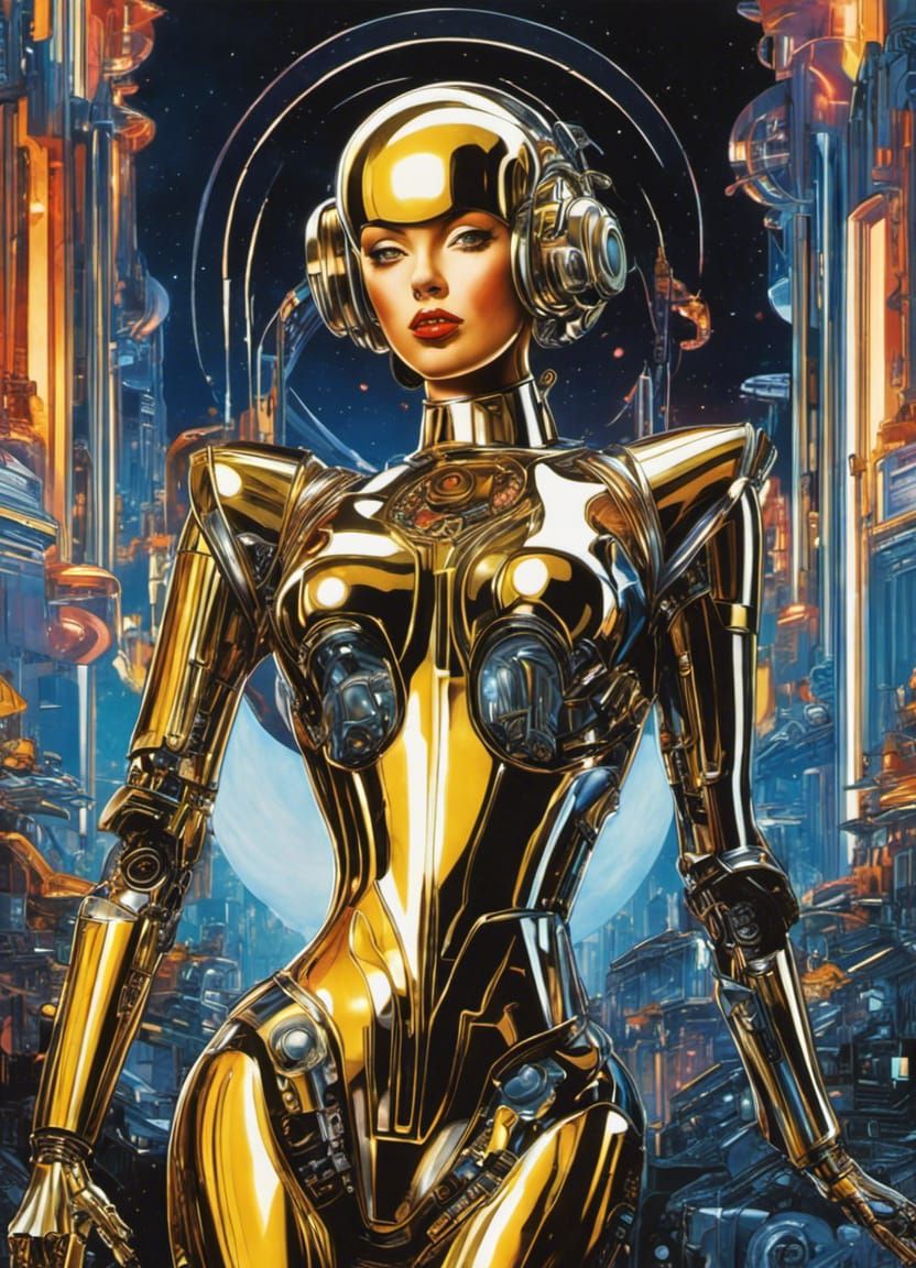 Chrome Robot Pin-Up in Retro-Futuristic Style
