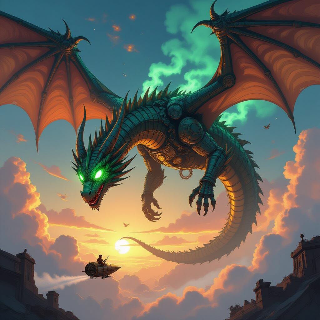 Clockwork Dragon Descends from Nebula Sky in Steampunk Style