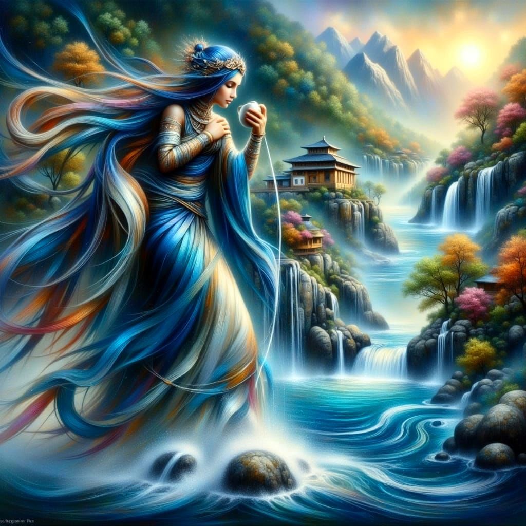Asian Goddess Creates Waterfall in Autumn Valley