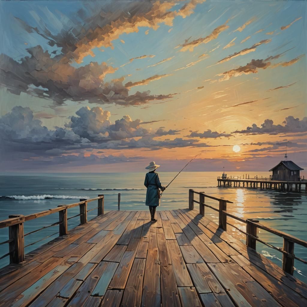 Abstract Oil Painting of Woman Fishing at Sunset
