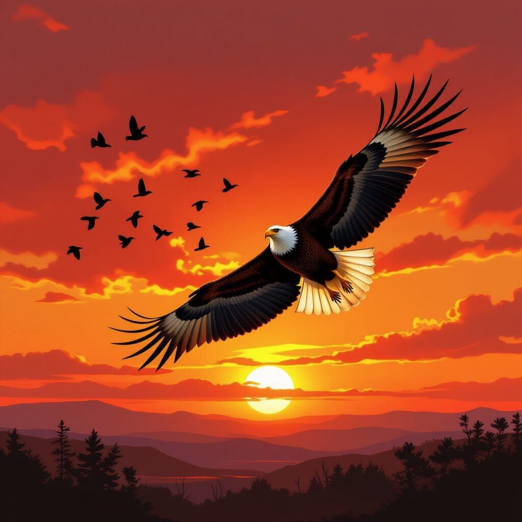 Eagle Soars in Fiery Sunset with Bird Flock