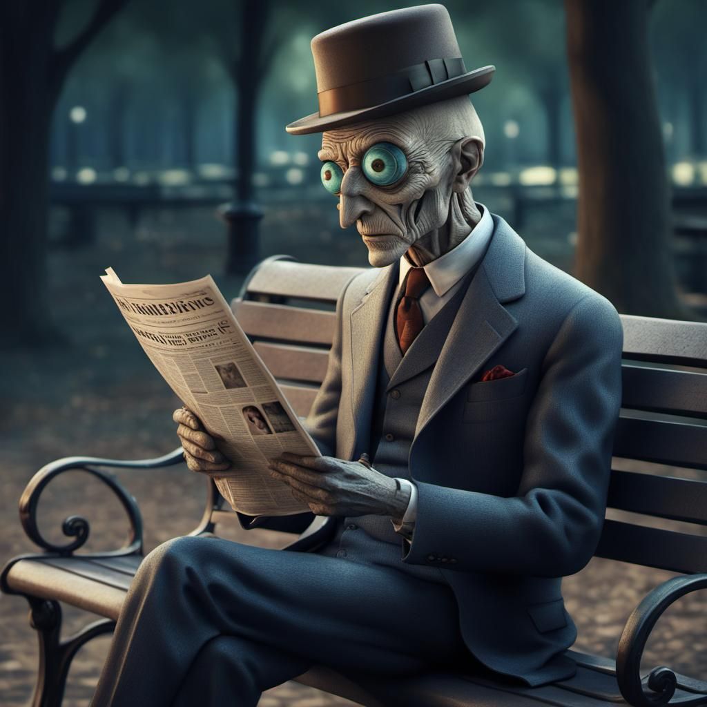 Eyeball Head Man Reading Newspaper, Dark Fantasy 3D Render