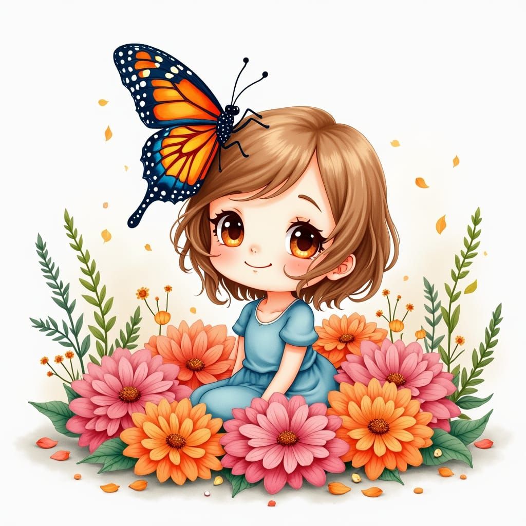 Chibi Girl with Monarch Butterfly: Watercolor Portrait