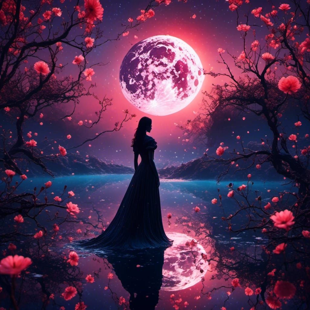 Bioluminescent Moonlit Field with Woman Silhouette