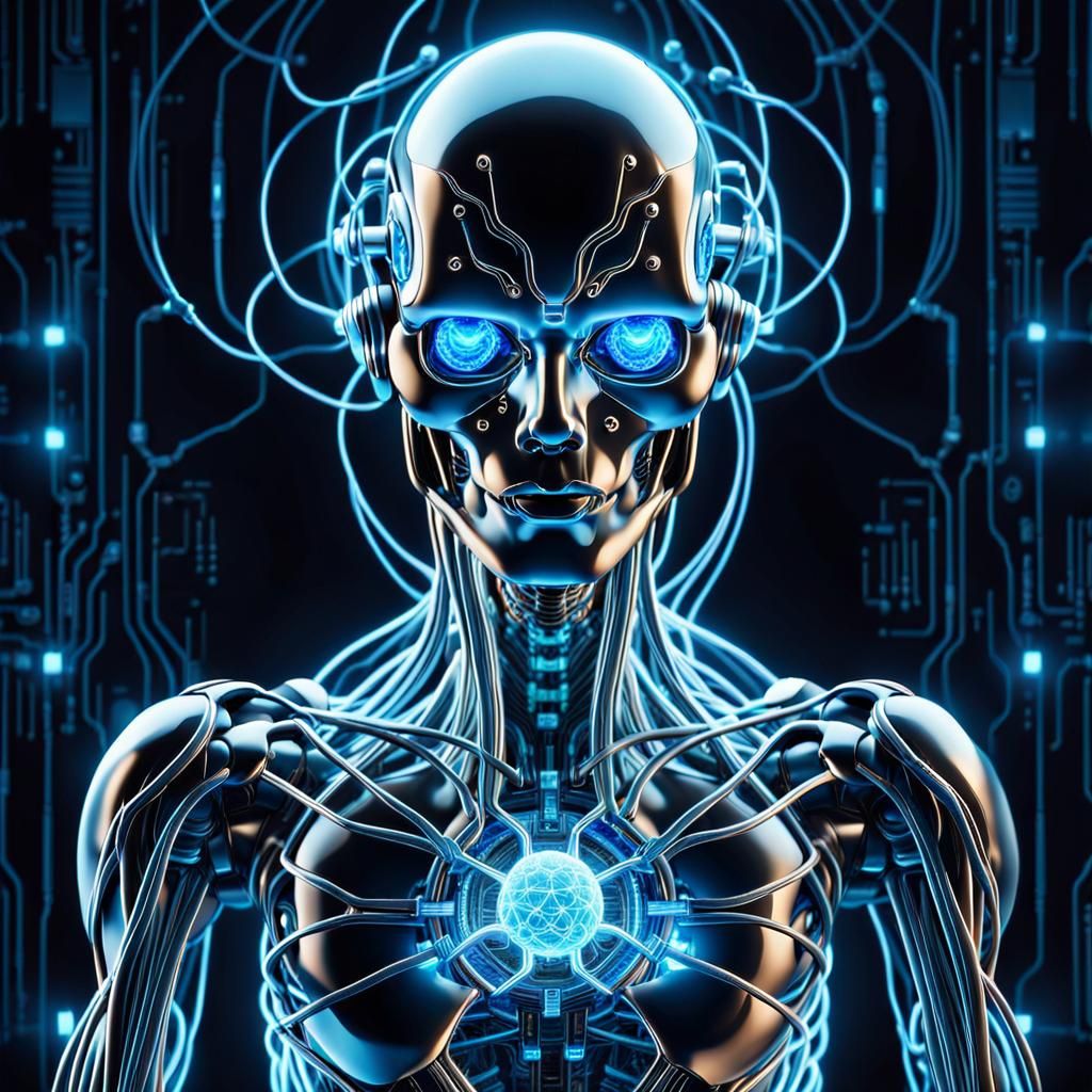 A cybernetic creature with energy source orb in the center o...