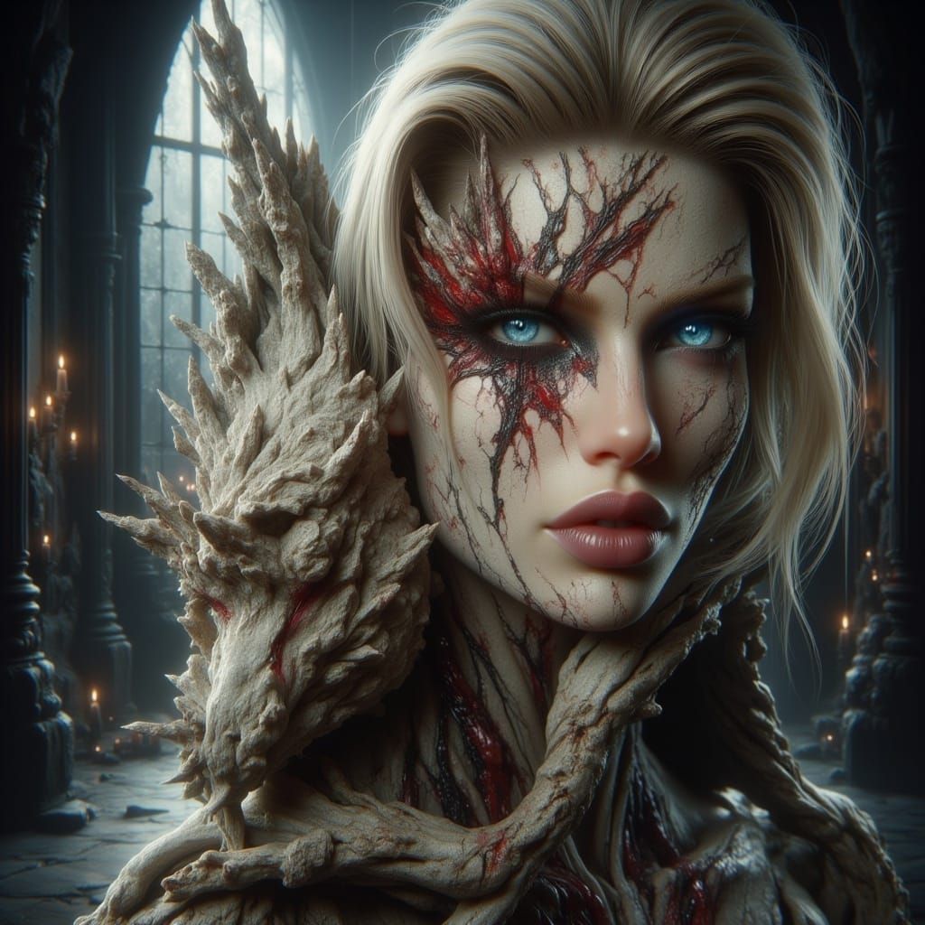 Blonde Woman with Dragon Pet in Ominous Style