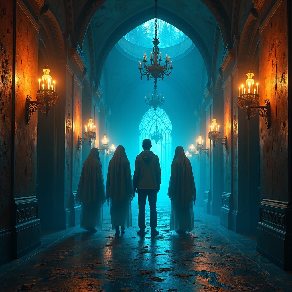 Eerie Haunted Mansion Exploration in Dark Fantasy Style