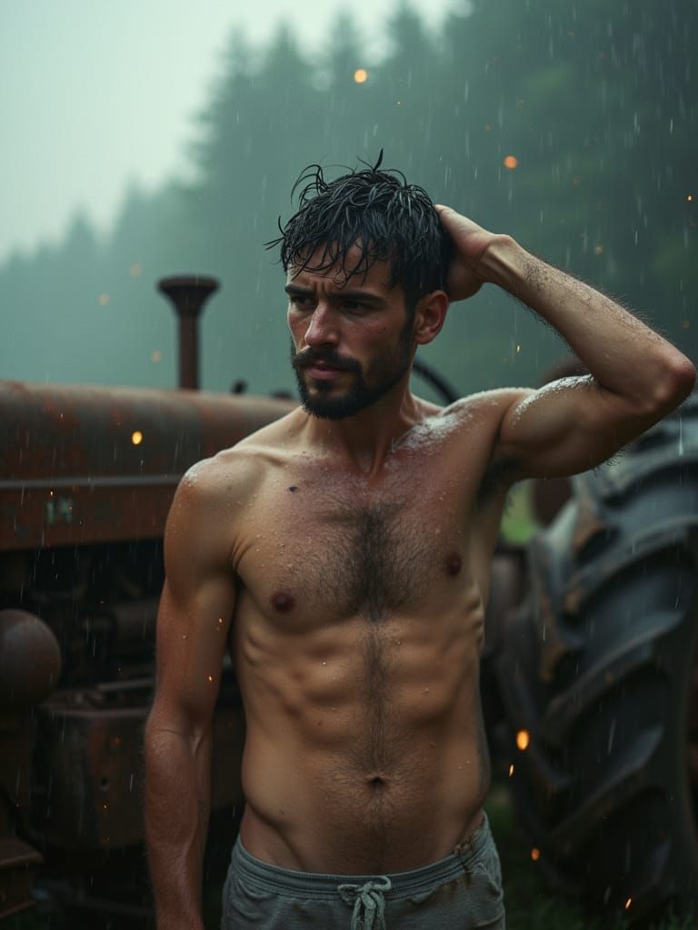 Sweaty Worker in Rain, Vintage Tractor, Soft Pastel Tones