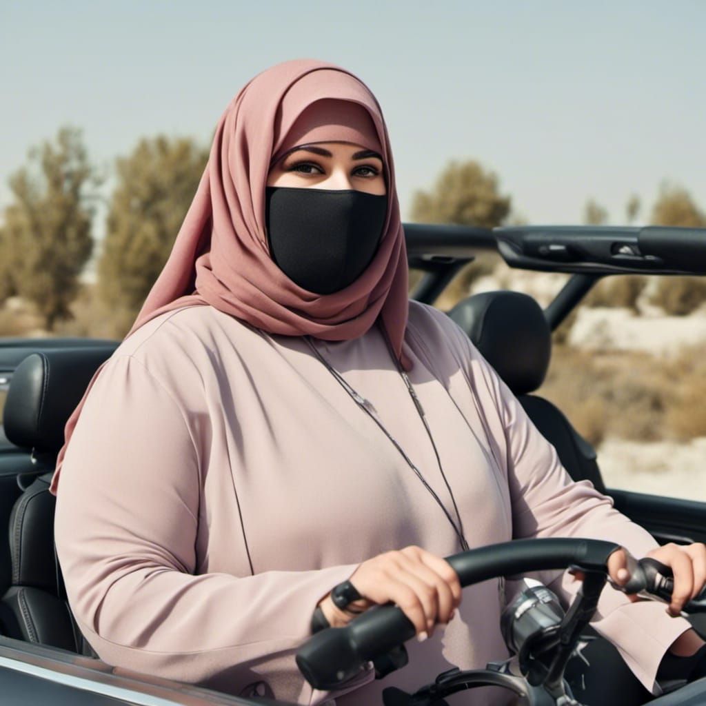 Plus-Size Woman in Niqab Driving Car: Hyperrealistic