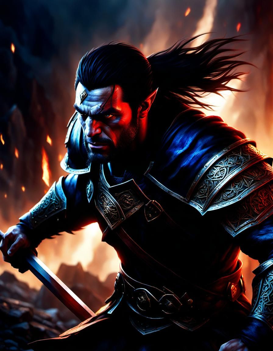 Intense Half-Orc Fighter Action Shot in Fantasy Art