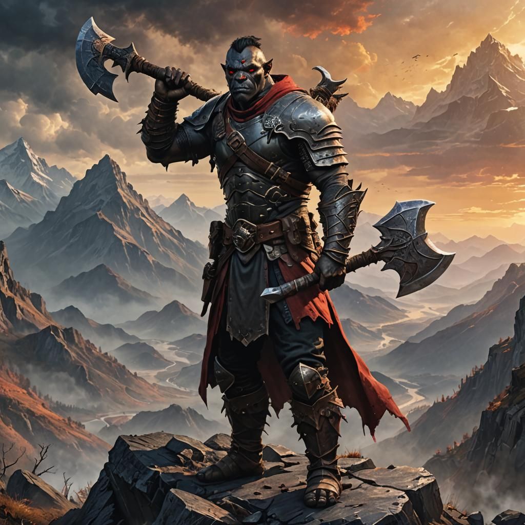 Half-Orc Warrior in Misty Mountains: Dark Fantasy Art