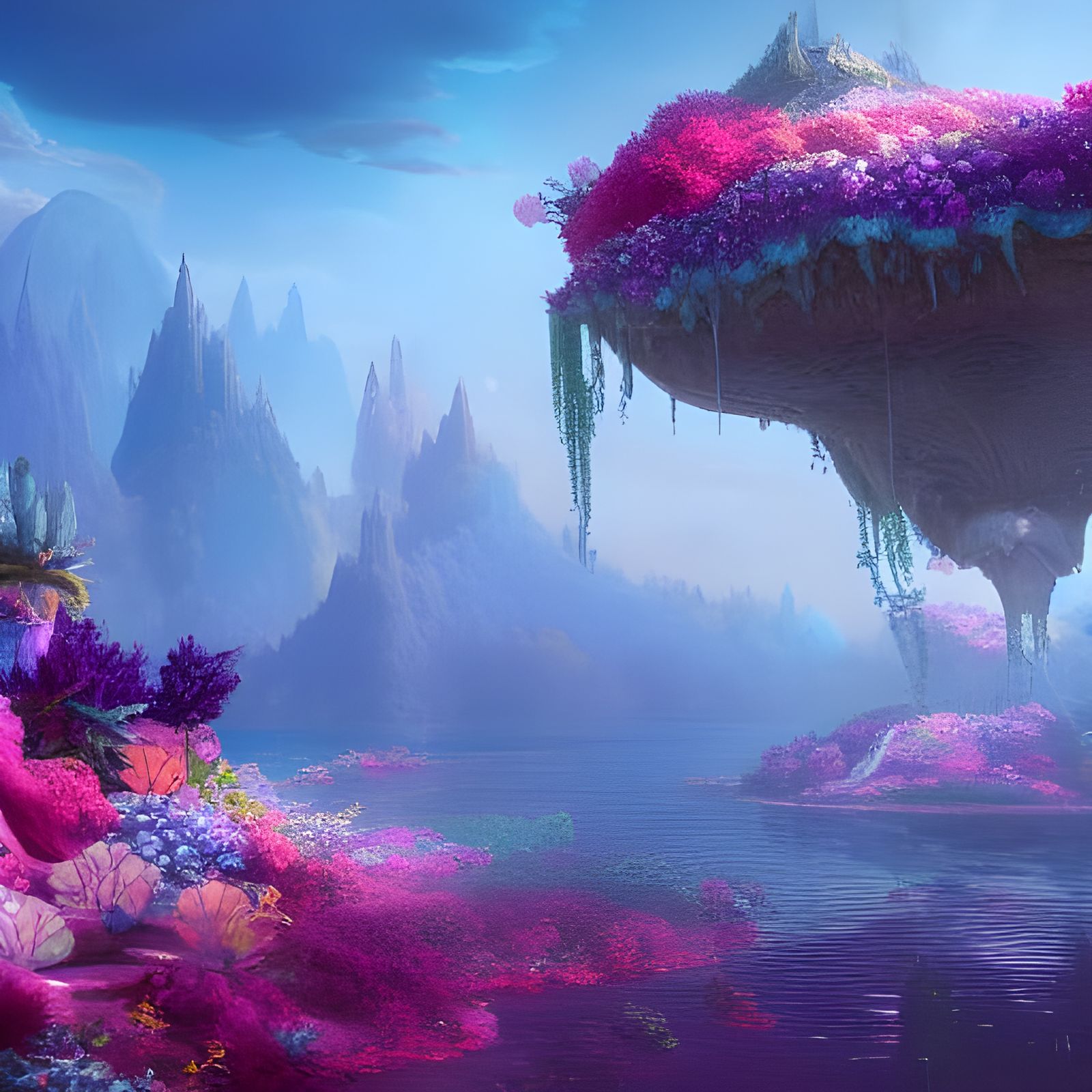 Fantastical Floating Island with Colorful Flowers
