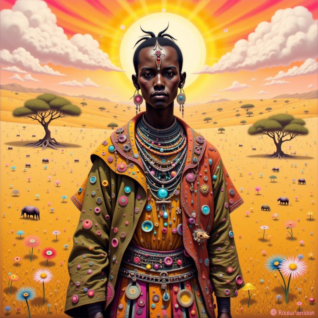 Maasai Warrior in Savannah: Digital Art