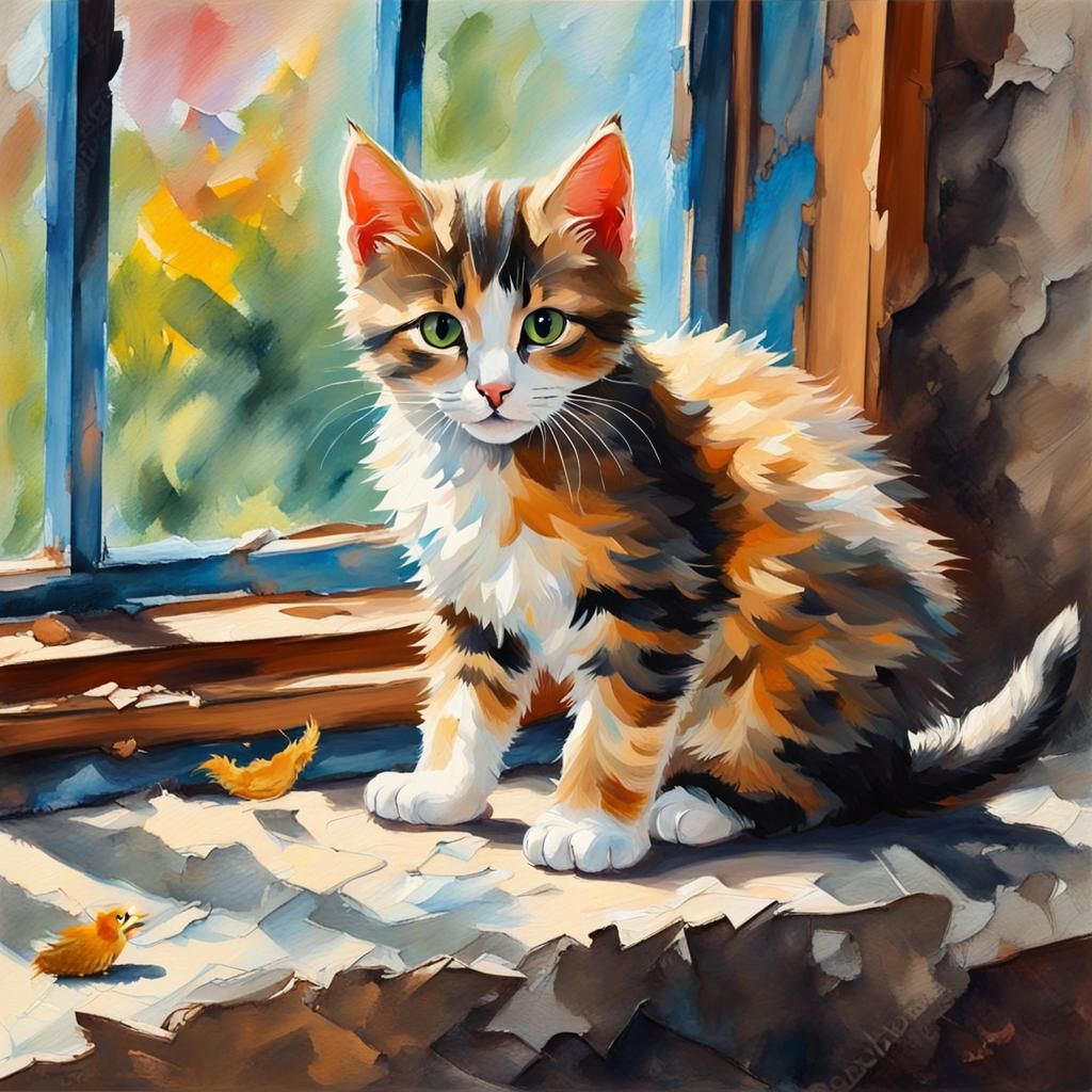 Kitten Gazing Out: Gouache Impressionist Masterpiece