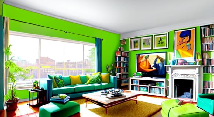 Surreal Modern Living Room Scene with Vibrant Colors and Ecl...