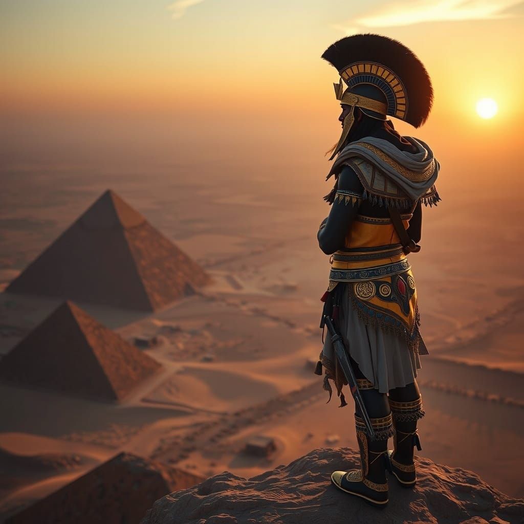 Nubian Warrior in Golden Armor Surveys Desert at Sunset