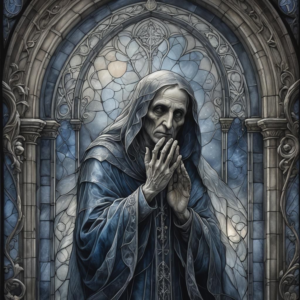 Ethereal Ghost at Gothic Stained Glass Window