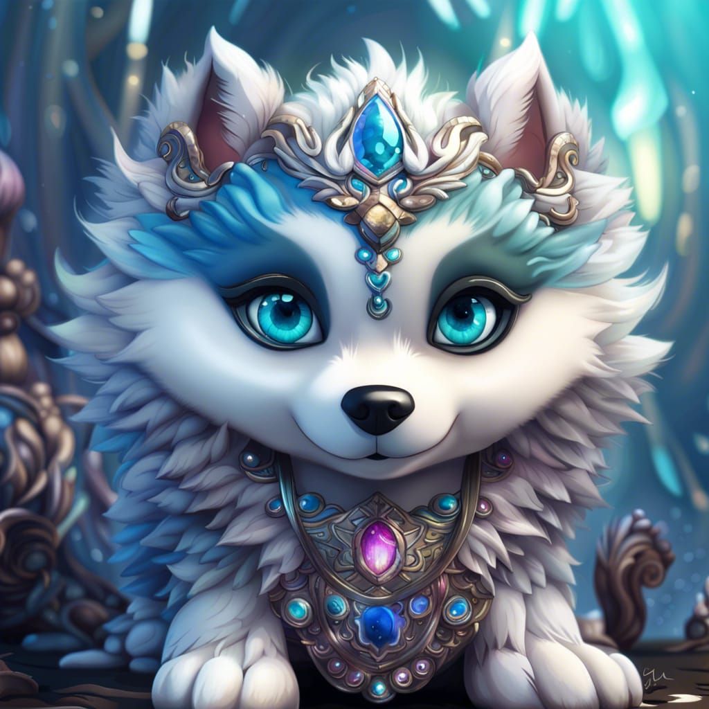 Cute Chibi Husky with Iridescent Scales in Fantasy Art